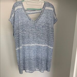 Blue and White Knit V-Neck Top